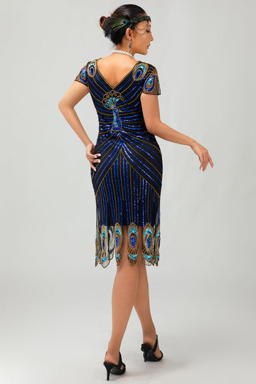 Robe moulante Gatsby à manches courtes noire bleue à paillettes noires et bleues des années 1920